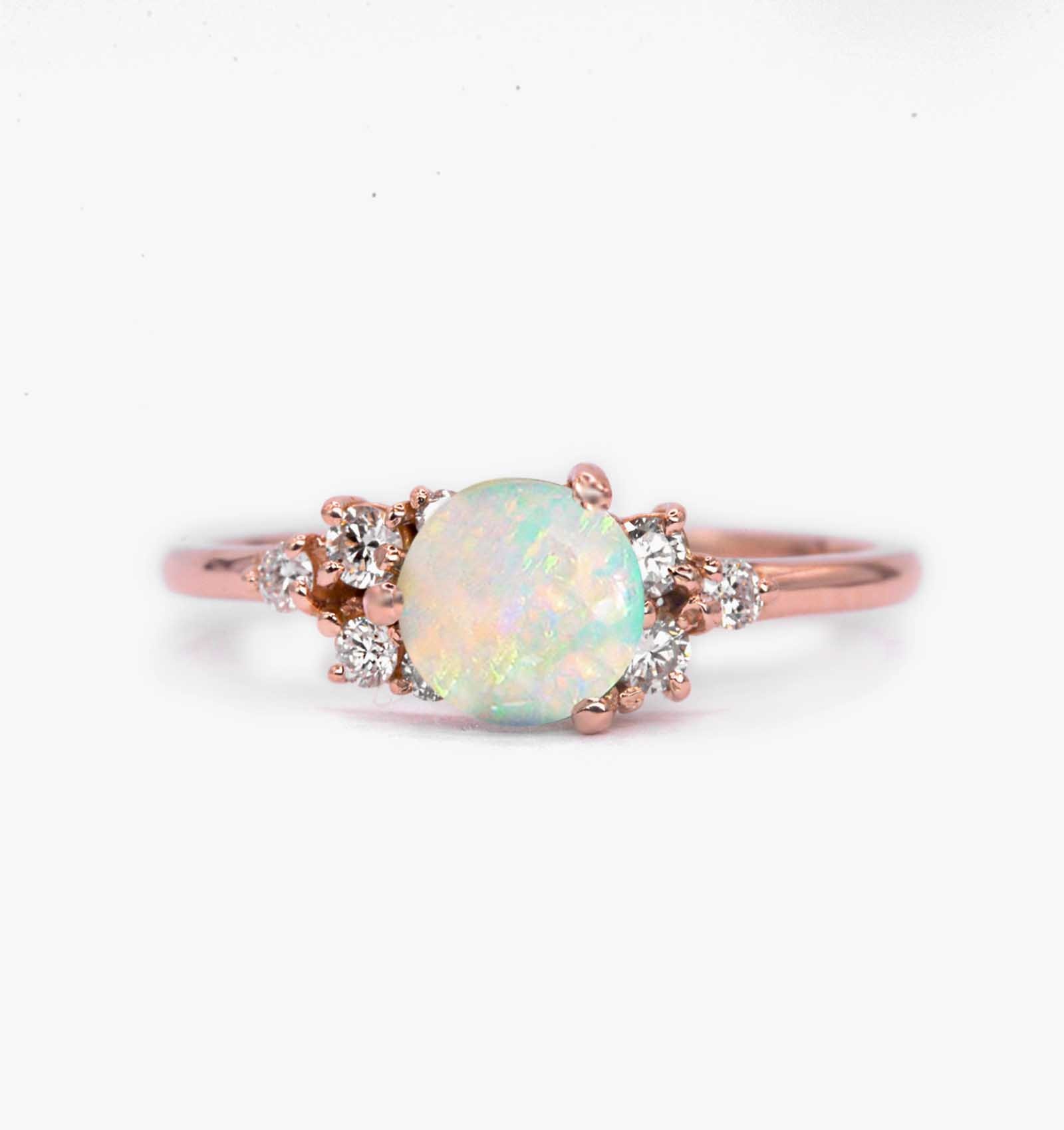 White opal and diamond vintage ring for her. This unique bespoke engagement ring comes with any solid 9k,14k or 18k gold or platinum.