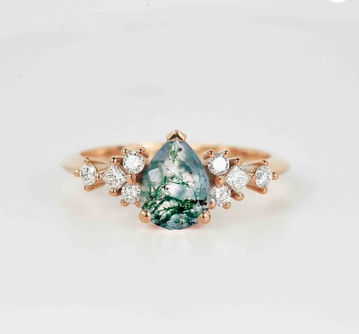 Natural Moss Agate and Diamond ring in 18k yellow gold (8x5mm Pear Shape) 50% Deposit - Image 2