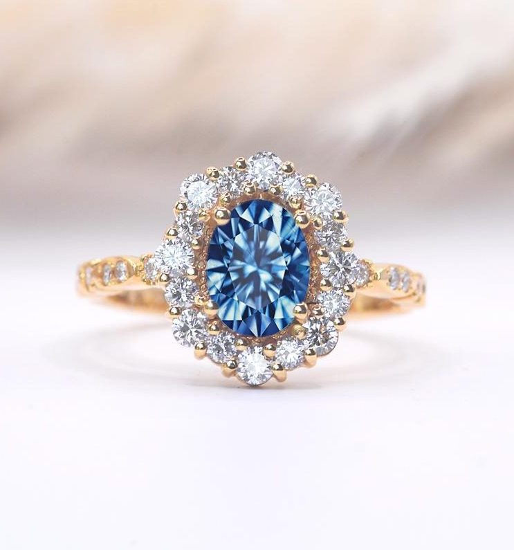 Victorian Inspired Halo Blue Sapphire Cluster Ring