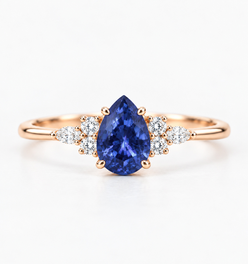 natural pear cut blue sapphire and diamond engagement ring
