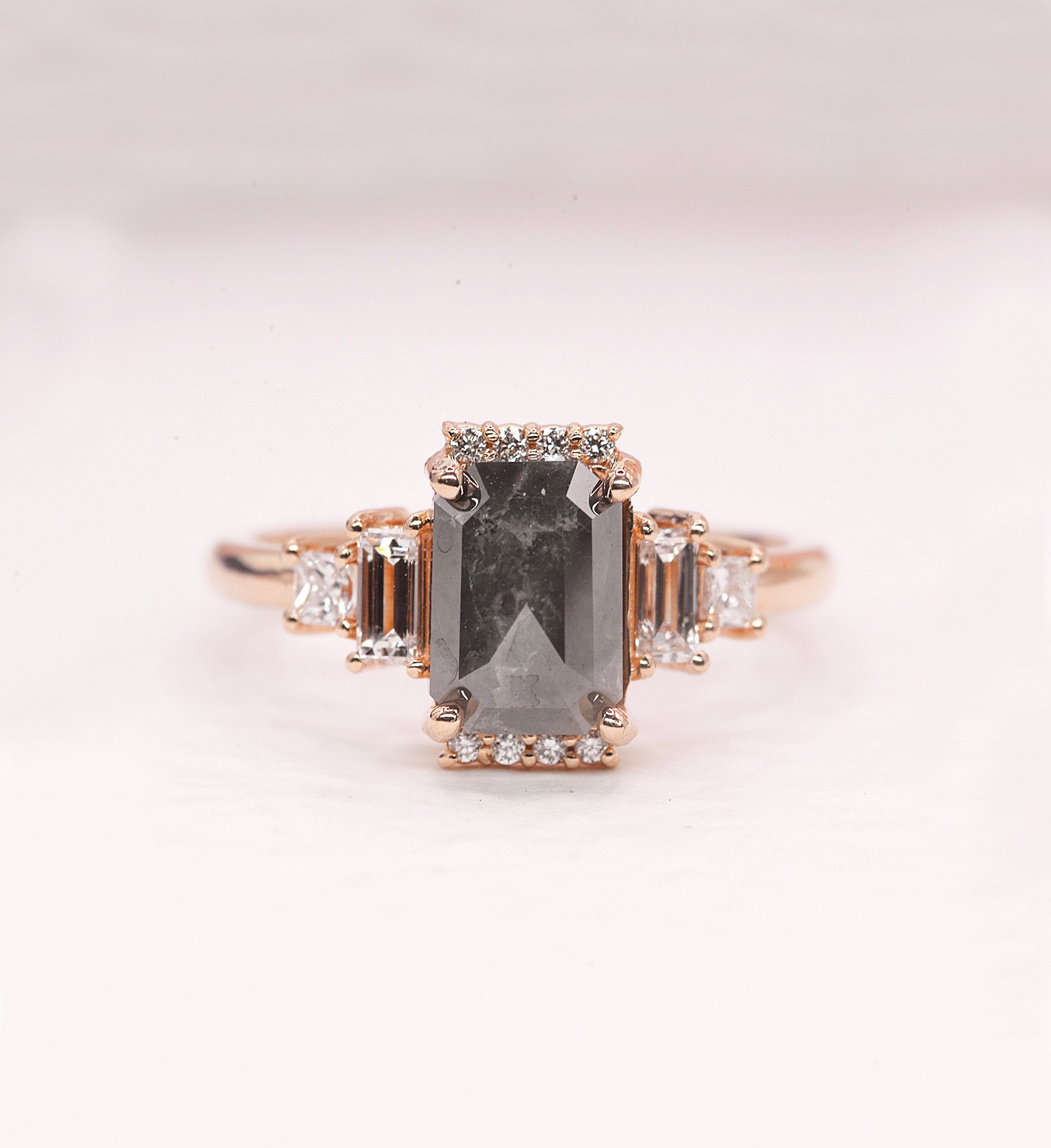 salt and pepper emerald cut engagement ring