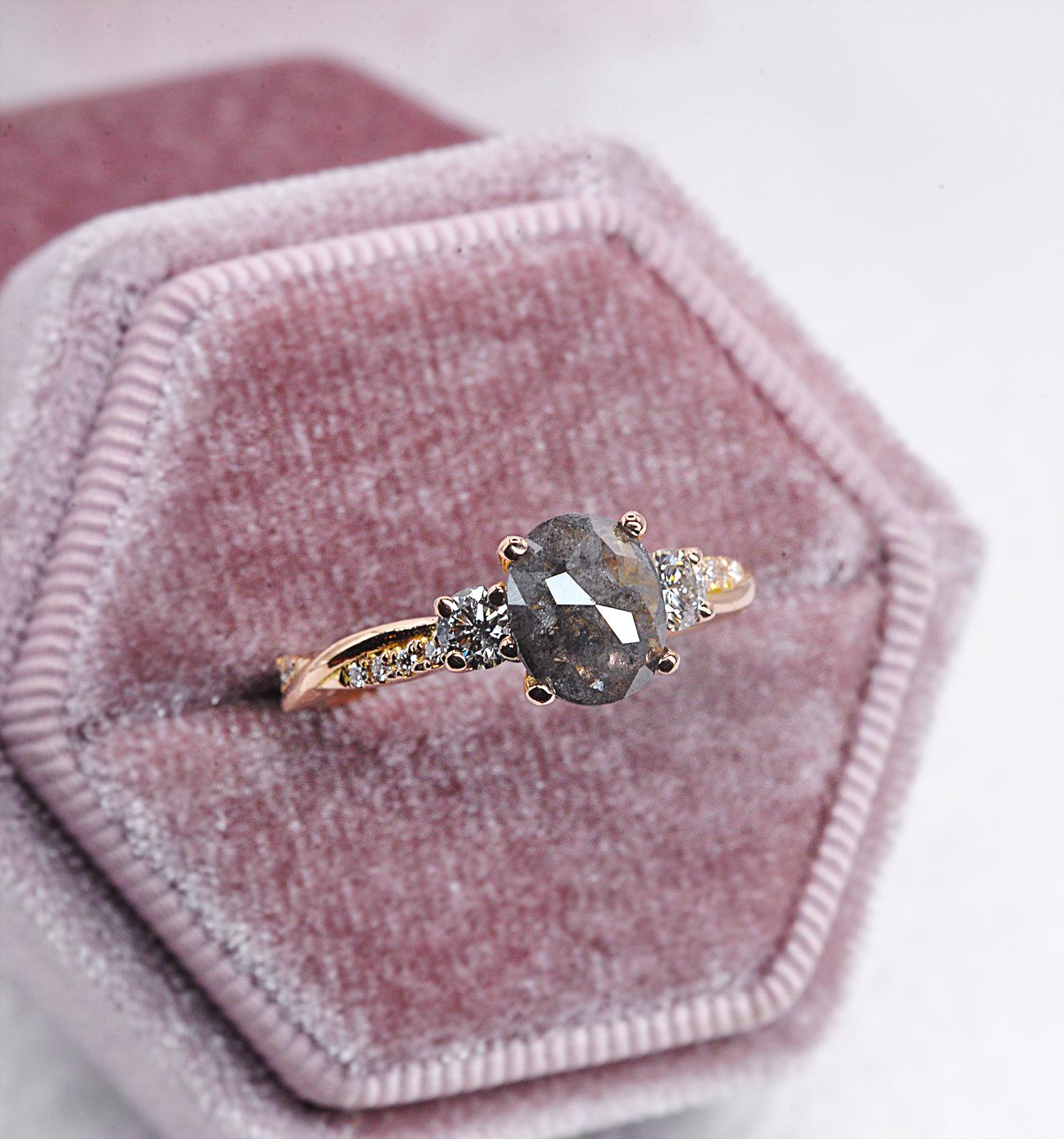 oval salt and pepper diamond vintage inspired ring