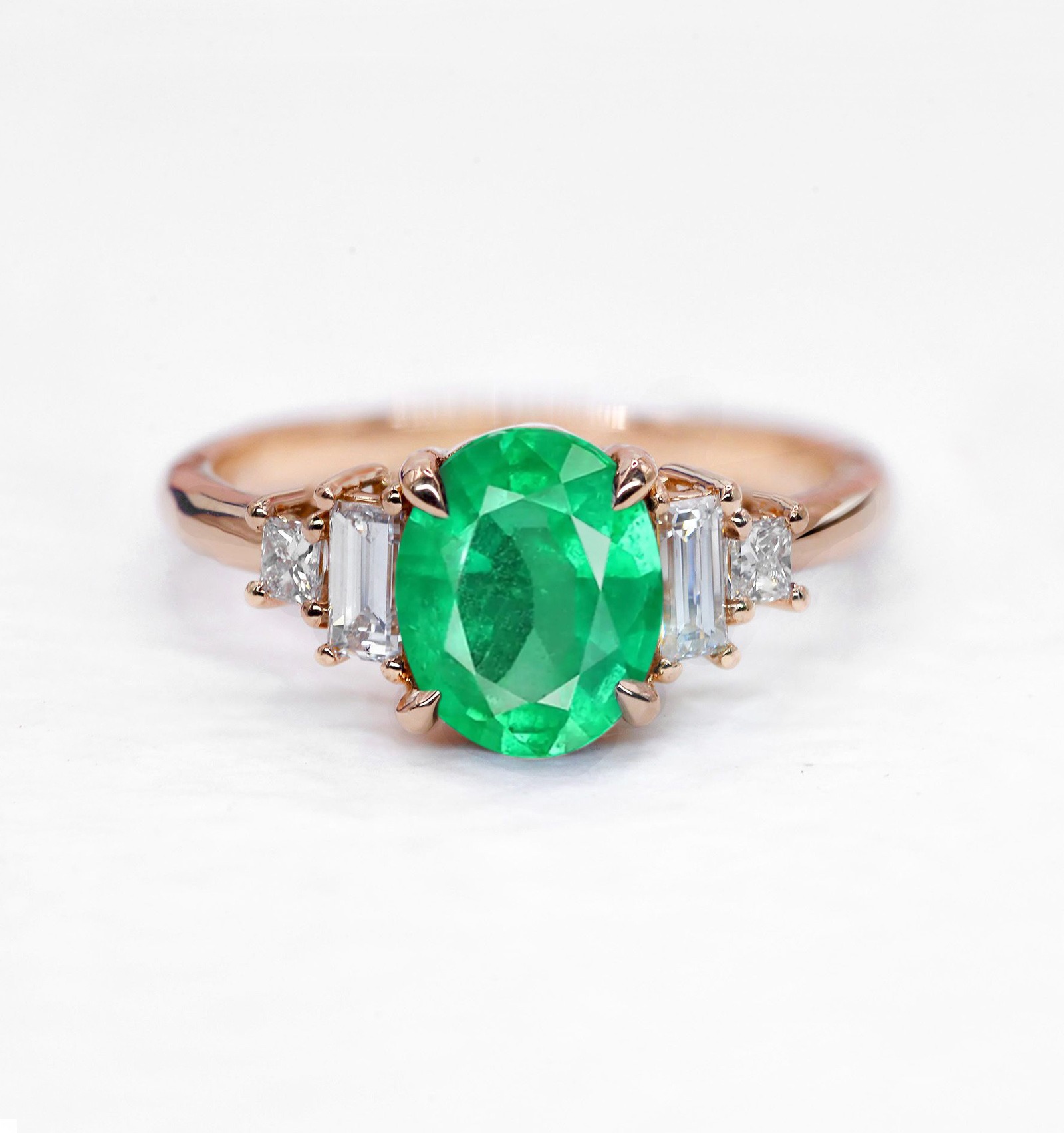 Natural Oval Emerald Baguette Diamond Vintage Engagement Ring