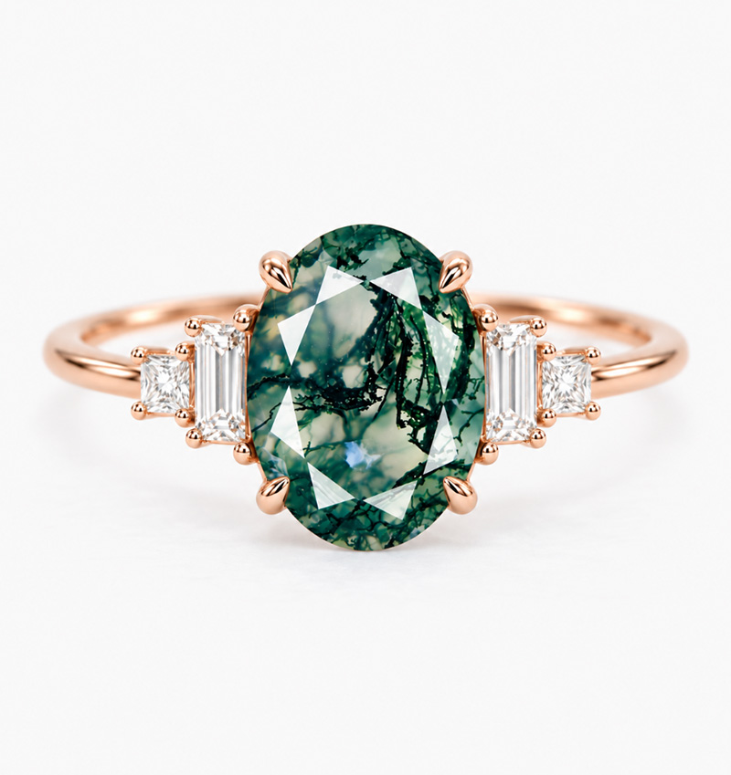 moss agate and diamond engagement ring