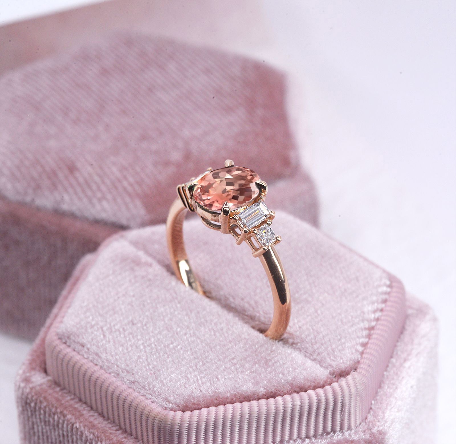 natural morganite baguette diamond vintage ring